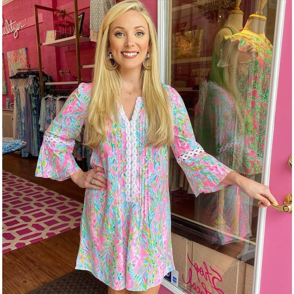 Lilly Pulitzer Hollie tunic Dress Womens XS Pink floral print Bell Sleeve Boho